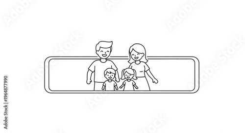 Joyful outline illustration of a nuclear family unit standing together in a simple frame depicting