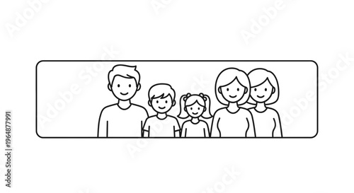 A cheerful, diverse family unit smiling together in a simple line art illustration representing