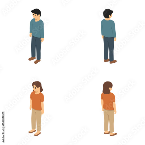 立っている男女の前後セットアイソメトリックイラスト