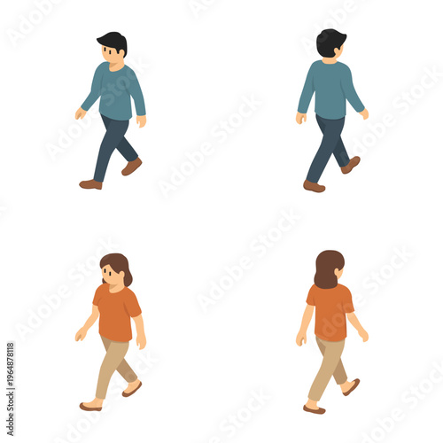 歩く男女の前後セットアイソメトリックイラスト