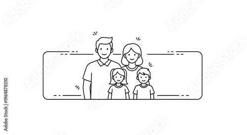Joyful modern family illustration featuring happy parents with their two children in a simple line