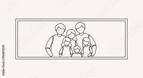 Minimalist monochrome line art illustration of a loving family portrait with two parents and three