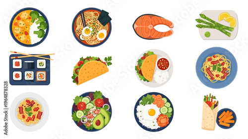 A vibrant collection of diverse and delicious food dishes, showcasing culinary variety and artistic presentation