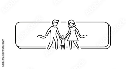 Minimalist linear depiction of a united family unit standing together within a comforting rounded
