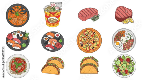 A vibrant collection of diverse dishes and popular meals from around the world, including sushi, pizza, tacos, and steak