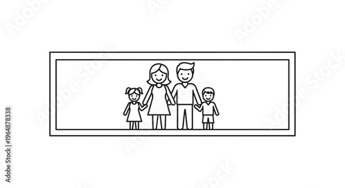 Simple line art illustration of a cheerful nuclear family standing together in a rectangular frame