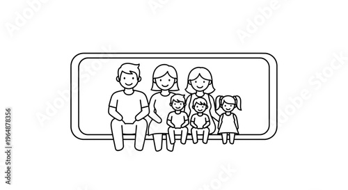 Charming black and white line art illustration depicting a joyful family portrait together