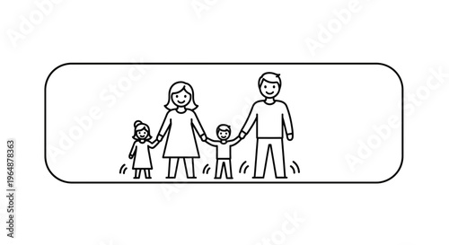 Minimalist black and white line art depicting a loving family with two happy children holding hands