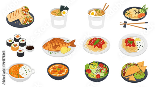 Collection of various delicious and healthy food dishes and cuisines from around the world