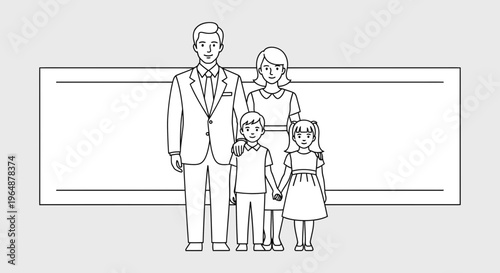 A simple line art vector illustration depicting a happy nuclear family standing together