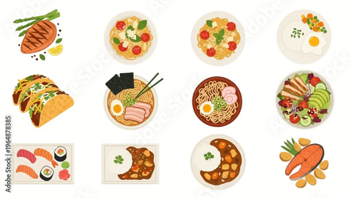 A variety of delicious and diverse food dishes from around the world presented in a visually appealing grid