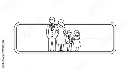 A timeless minimalist line illustration depicting a united nuclear family portrait within a simple