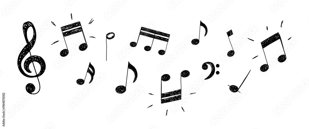 Obraz premium Set of musical notes drawn in hand sketch pencil style. Artistic vector illustration with shaded strokes isolated on transparent background, ideal for music design, decoration, and creative projects