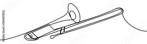 Minimal continuous line vector illustration of a trombone musical instrument isolated on transparent background. Elegant single line design for music themes, icons, logos, and creative projects