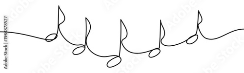 Continuous line vector illustration of music notes isolated on transparent background. Minimalist one line drawing concept of music, sound, melody and creative design