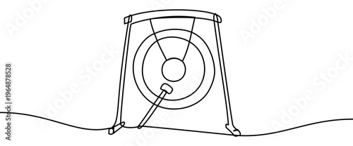 Minimal continuous line vector illustration of a gong musical instrument isolated on transparent background. Elegant single line design suitable for music icons and cultural themes