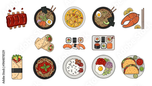 Delicious Assortment of Food and Drink Icons, Featuring International Cuisine