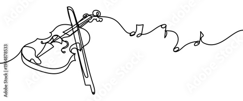 Minimal continuous line vector illustration of a violin with flying musical notes isolated on transparent background. Elegant single line design for music themes, icons, and creative projects