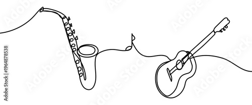 Minimal continuous line vector illustration of saxophone and guitar forming a musical ensemble symbol isolated on transparent background. Elegant single line design