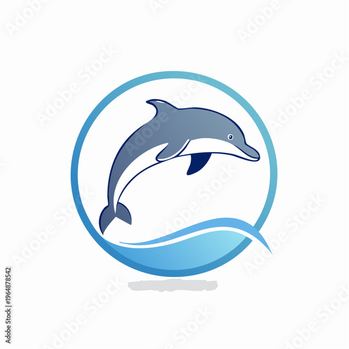 Dolphin jumping out of water, blue circular logo design with stylized waves for aquatic theme parks and tourism