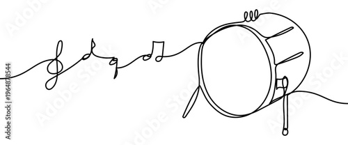 Minimal continuous line vector illustration of a bass drum with flying musical notes isolated on transparent background. Elegant single line design for music themes, icons, and creative projects