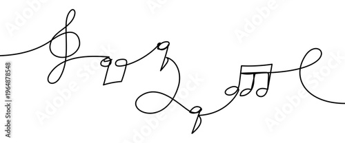 Continuous line vector illustration of music notes isolated on transparent background. Minimalist one line drawing concept of music, sound, melody and creative design