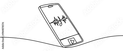 Minimal continuous line vector illustration of smartphone with music playback indicator on screen isolated on a transparent background. Elegant single line design for modern media and app concepts
