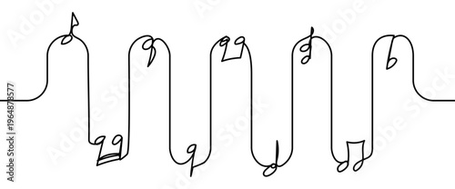Continuous line vector illustration of music notes isolated on transparent background. Minimalist one line drawing concept of music, sound, melody and creative design