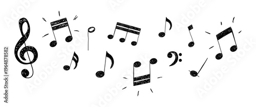 Set of musical notes drawn in hand sketch pencil style. Artistic vector illustration with shaded strokes isolated on transparent background, ideal for music design, decoration, and creative projects