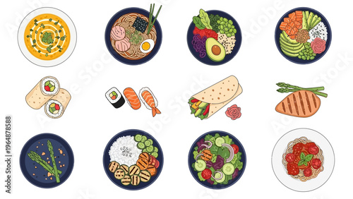 A vibrant collection of healthy and delicious food dishes, featuring diverse cuisines and fresh ingredients