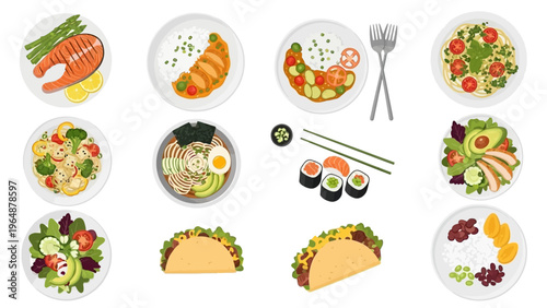Variety of delicious meals and food dishes displayed beautifully on plates for a culinary feast
