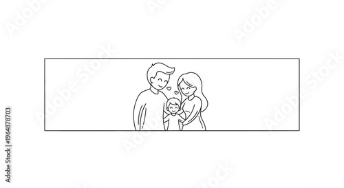 A heartwarming minimalist line art illustration showcasing a loving family with a father mother