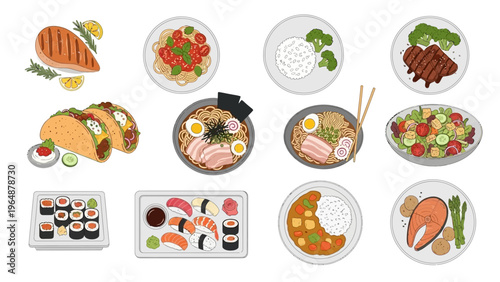 Various types of delicious food and dishes from around the world, beautifully arranged and depicted