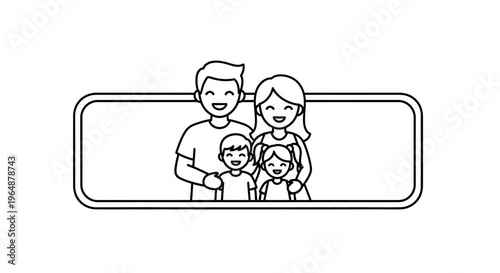 Joyful line art illustration of a happy family portrait with parents and two children in a simple
