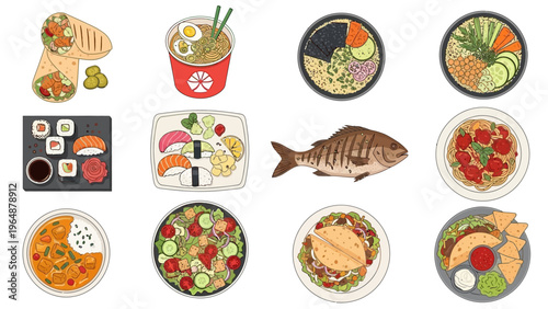 A vibrant collage of diverse culinary dishes and fresh ingredients, showcasing a global gastronomic experience