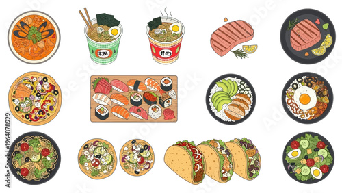 Delicious Assortment of International Food Dishes Including Pizza, Sushi, Tacos, and Ramen