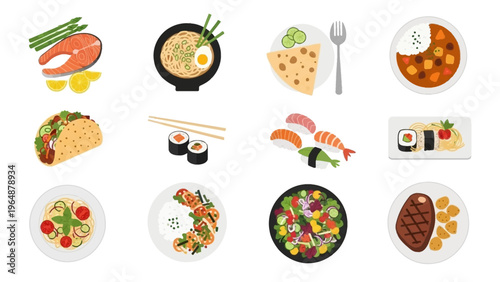 Collection of Diverse Food Dishes and Meals, Including Fish, Tacos, Sushi, and Steak