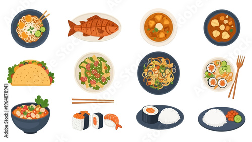 Delicious selection of Asian and Mexican food dishes in top-down view