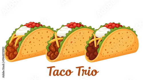 Delicious Taco Trio Featuring Ground Beef, Toppings, and Sour Cream - A Flavorful Mexican Meal