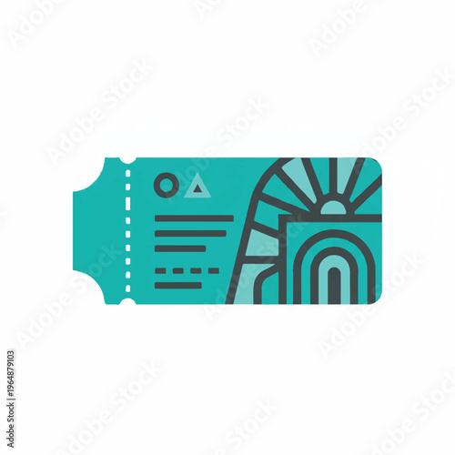 Minimalist flat vector of an abstract stadium entry pass, sports event ticket shape, clean white background, limited color palette of teal and gray, professional and organized, flat vector
