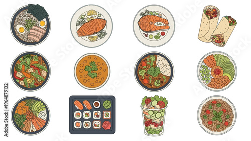 A vibrant collection of delicious and healthy food dishes, showcasing diverse cuisines and fresh ingredients