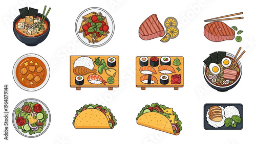 A diverse collection of delicious food illustrations, from Japanese cuisine to hearty meals
