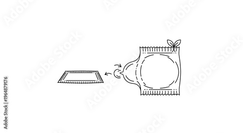 Minimalist line art illustrating an eco-friendly sachet design and its convenient opening process