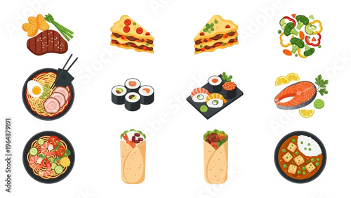 A collection of diverse culinary dishes and food items, showcasing a variety of global cuisines and delicious meals