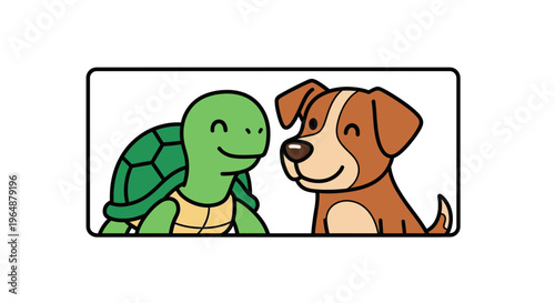 Adorable cartoon turtle and dog friends sharing a happy moment together in a vibrant illustration