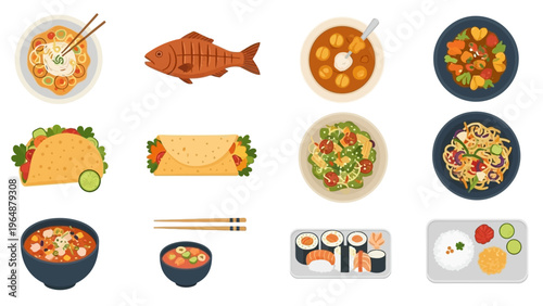 Delicious Assortment of International Cuisine Dishes and Japanese Sushi Platters