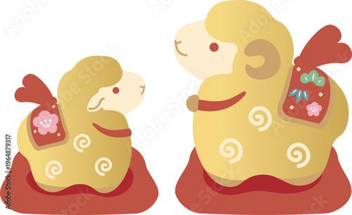 年賀2027　未年の年賀状素材　羊の親子の土鈴イラスト　かわいい　アイコン　飾り　シンプル　縁起物