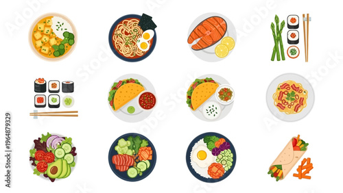 A vibrant collection of delicious and diverse international cuisine dishes, artfully arranged and ready to be enjoyed