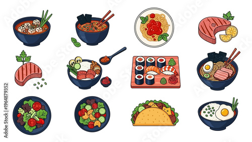 A vibrant collection of diverse dishes, showcasing global culinary delights from savory soups to fresh salads and tacos