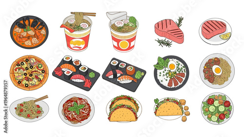 A vibrant collection of delicious food and meals from around the world, showcasing culinary diversity and tasty dishes